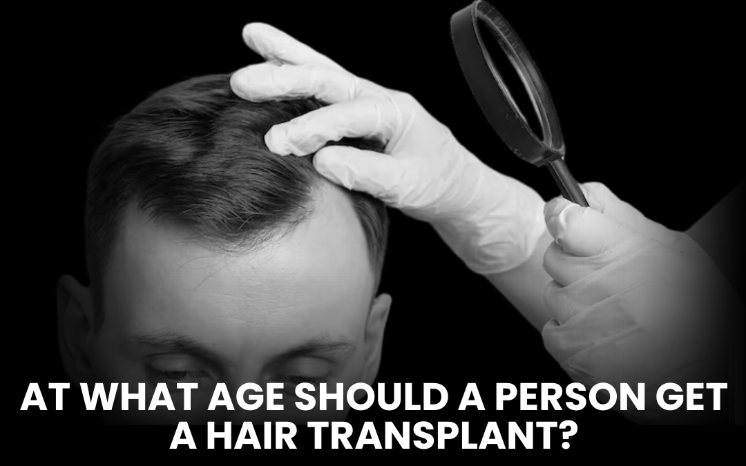 For the hair transplant image, consider using: “Close-up of a person undergoing a hair transplant consultation with a magnifying glass examining the scalp.