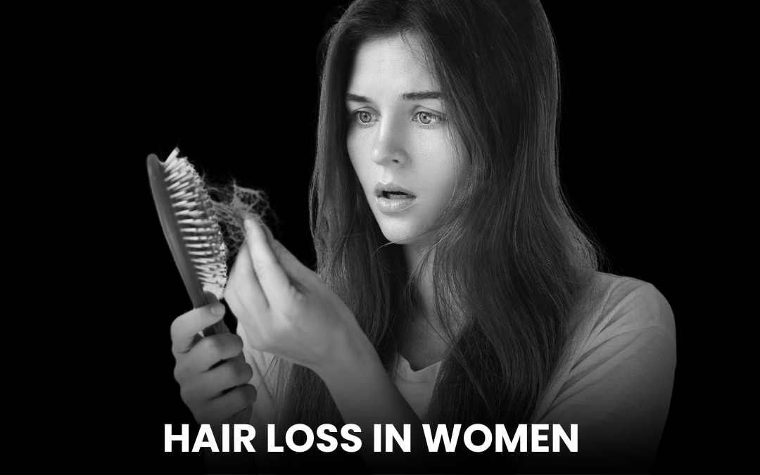 For the hair loss image, consider using: “Woman examining a hairbrush with strands of hair, indicating hair loss issues in women