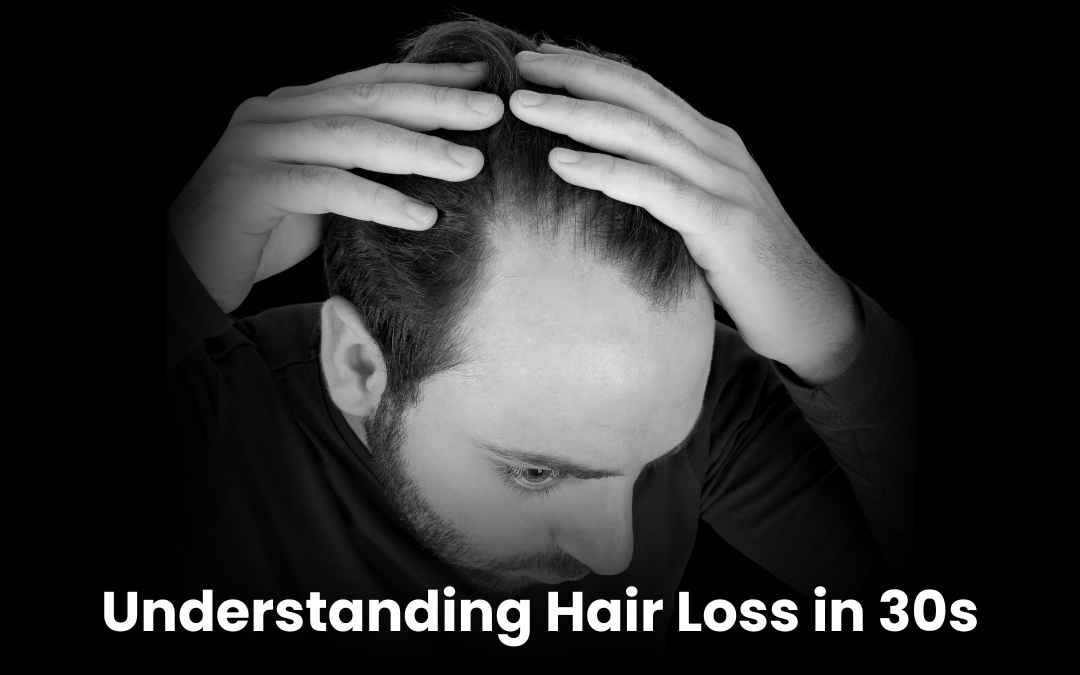 “Man in 30s examining own thinning hair, concept of understanding hair loss in 30s