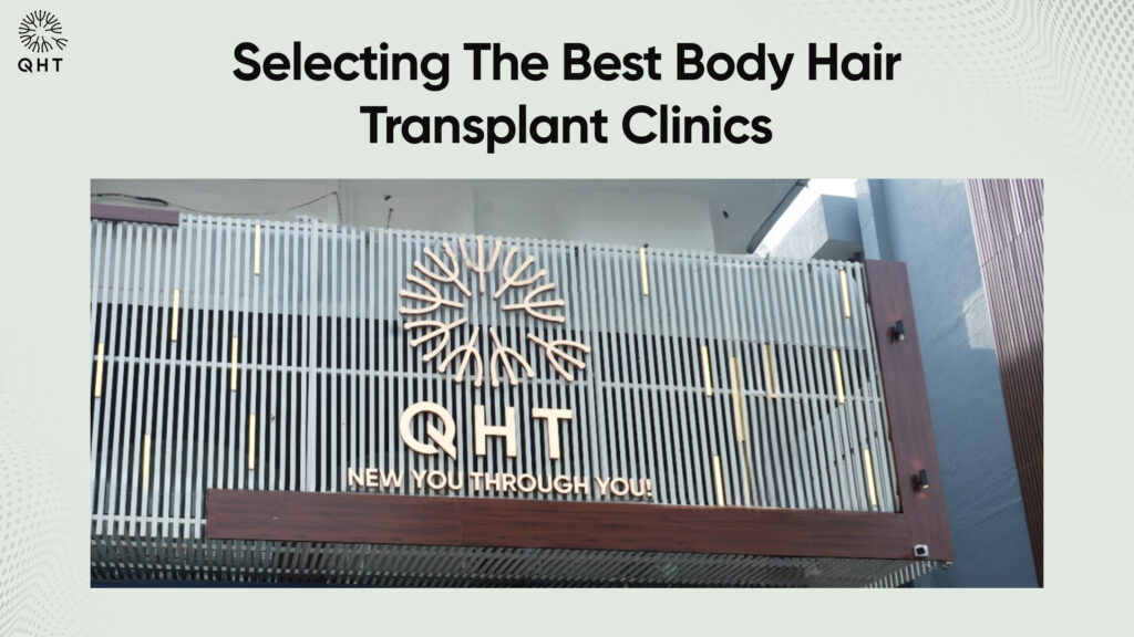 QHT Clinic exterior with logo showcasing expert body hair transplant services for scalp coverage.