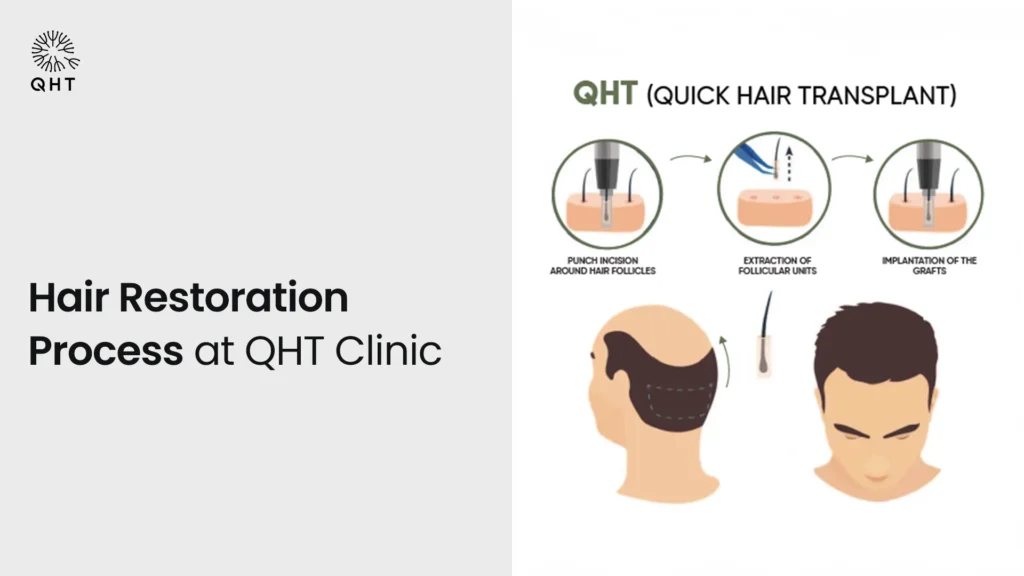 Step-by-step hair restoration process at QHT Clinic, showing Quick Hair Transplant (QHT) procedure.