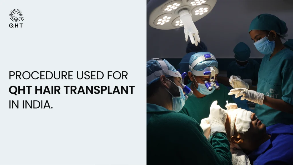 Surgical team performing QHT (Quick Hair Transplant) procedure with advanced tools like SAVA implanter and 10x magnification