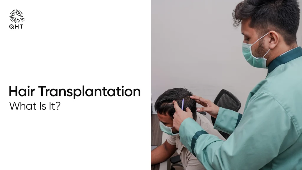 Doctor wearing a mask and scrubs examining a patient's scalp before a hair transplantation procedure, illustrating the consultation phase.