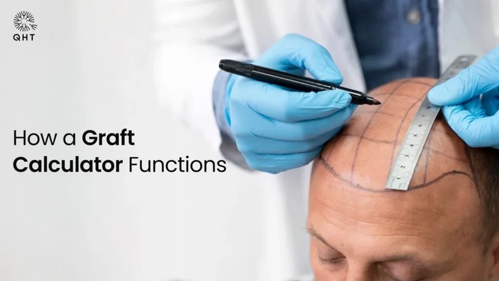 Surgeon marking a patient's scalp and using a ruler to calculate the exact number of hair grafts and density needed for a personalized transplant plan.